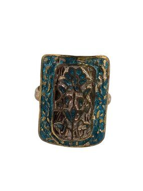 Vintage Sterling Enamel with Gold Vermeil Decorative Ring Size 8 to 8.25 (A9160)